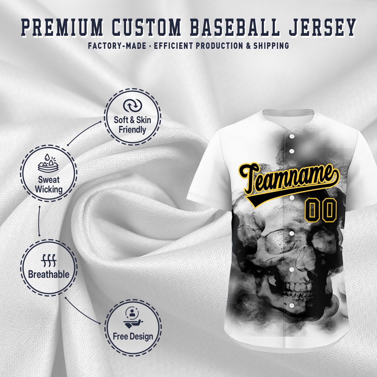 Custom White Black Gold skeleton Graffiti Pattern Lightweight Baseball Jersey| KXKSHOP