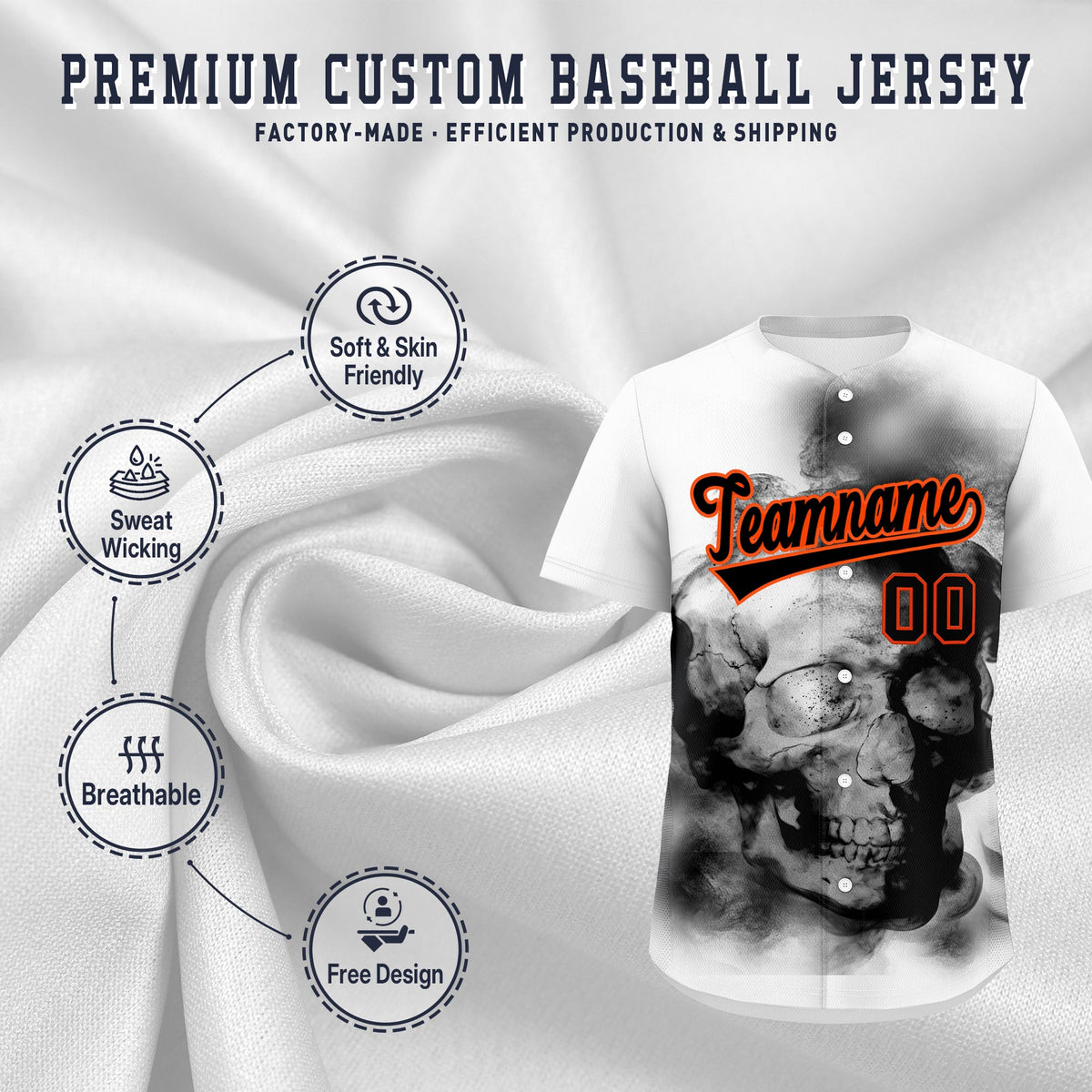 Custom White Black Orange skeleton Graffiti Pattern Quick Dry Baseball Jersey| KXKSHOP