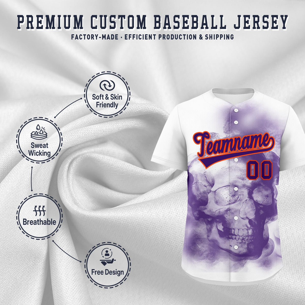 Custom White Purple Orange skeleton Graffiti Pattern Lightweight Baseball Jersey| KXKSHOP
