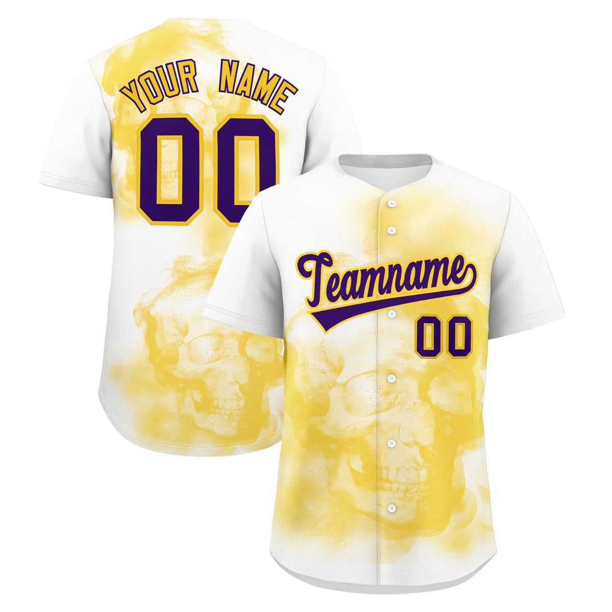 Custom White Gold Purple skeleton Graffiti Pattern Quick Dry Baseball Jersey| KXKSHOP