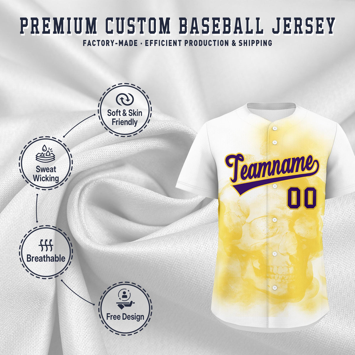 Custom White Gold Purple skeleton Graffiti Pattern Quick Dry Baseball Jersey| KXKSHOP