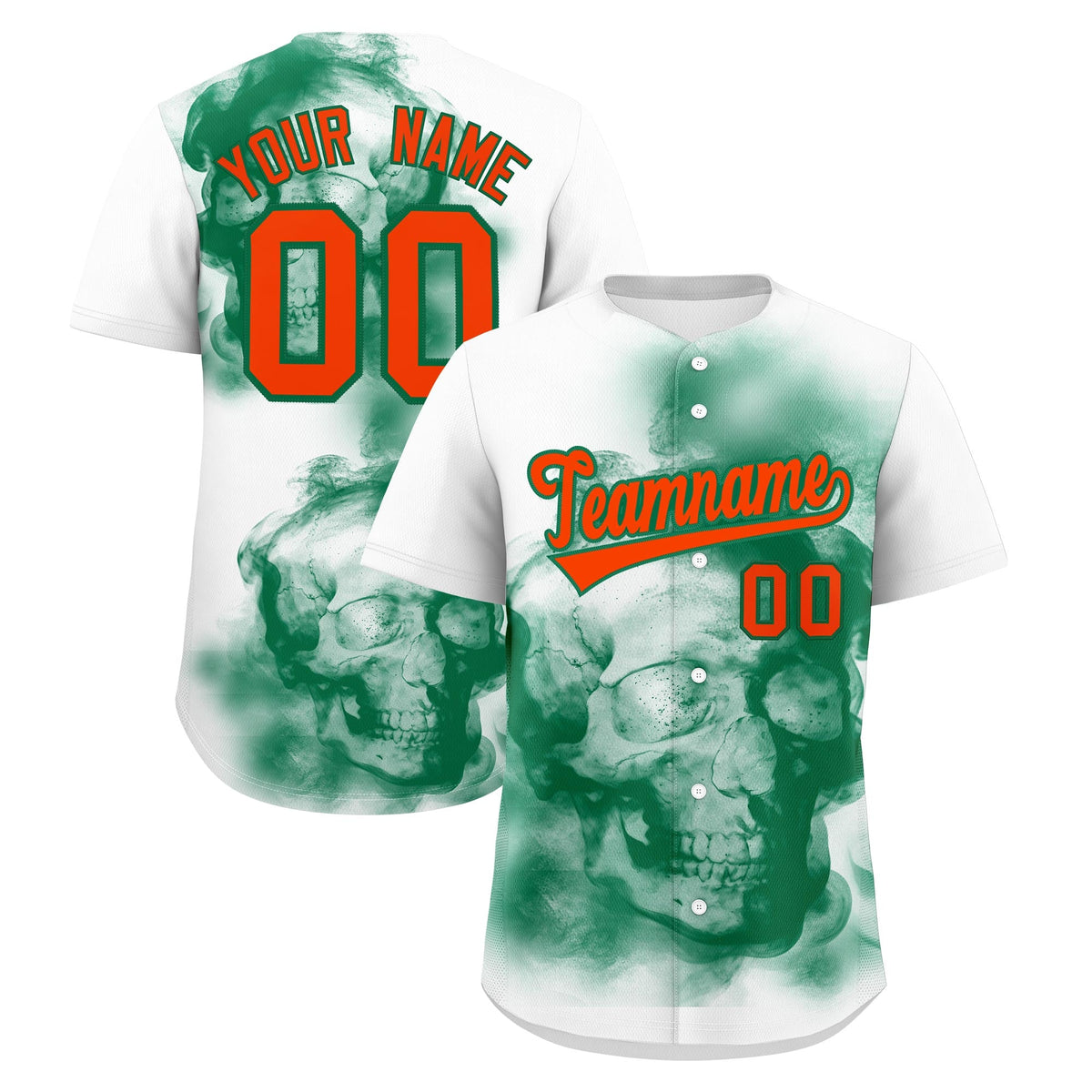 Custom White Kelly Green Orange skeleton Graffiti Pattern Quick Dry Baseball Jersey| KXKSHOP