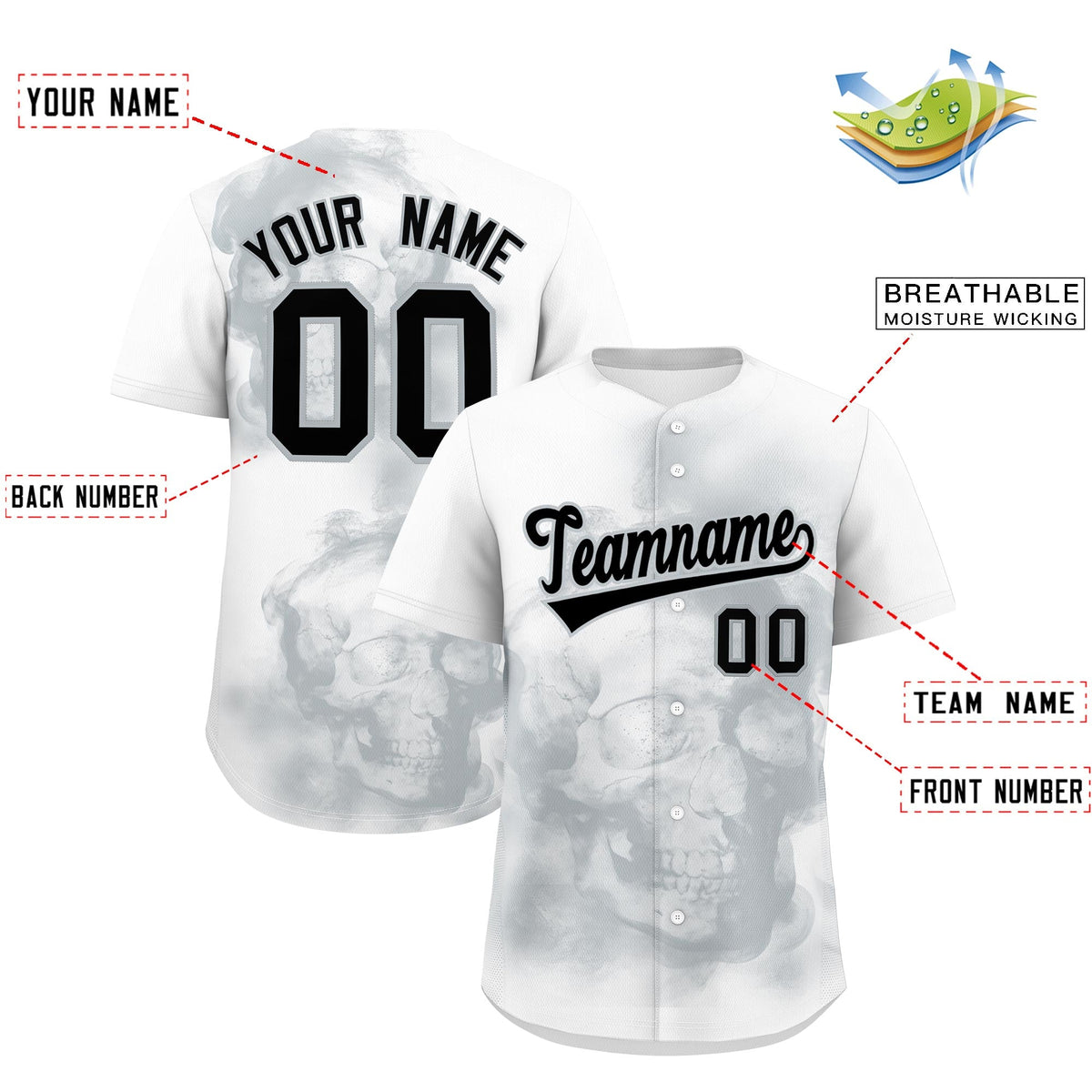 Custom White Silver Black skeleton Graffiti Pattern Quick Dry Baseball Jersey| KXKSHOP
