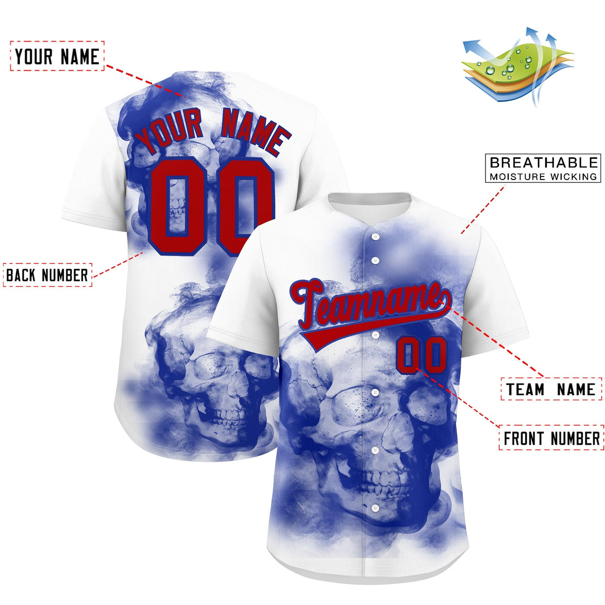 Custom White Royal Blue Red skeleton Graffiti Pattern Quick Dry Baseball Jersey| KXKSHOP