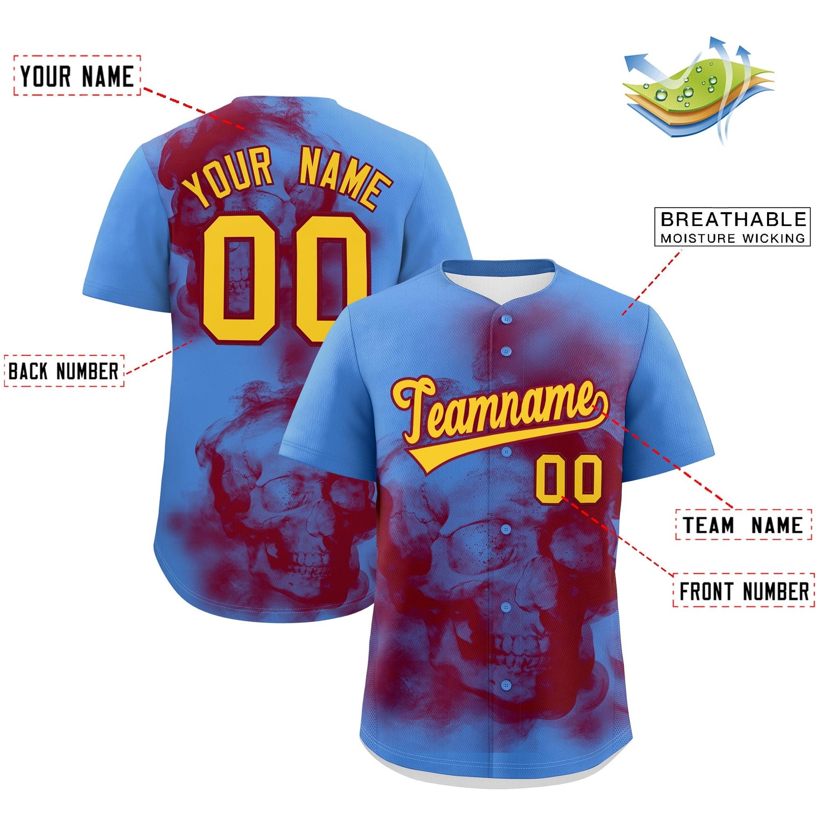 Custom Powder Blue Crimson Gold skeleton Graffiti Pattern Quick Dry Baseball Jersey| KXKSHOP