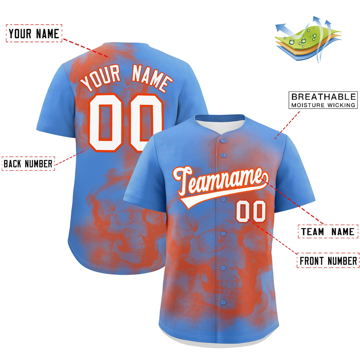 Custom Powder Blue Orange White skeleton Graffiti Pattern Lightweight Baseball Jersey| KXKSHOP