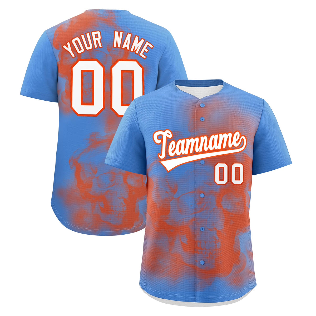 Custom Powder Blue Orange White skeleton Graffiti Pattern Lightweight Baseball Jersey| KXKSHOP