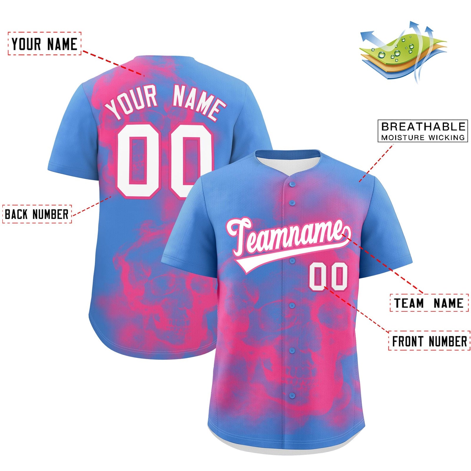 Custom Powder Blue Pink White skeleton Graffiti Pattern Quick Dry Baseball Jersey| KXKSHOP