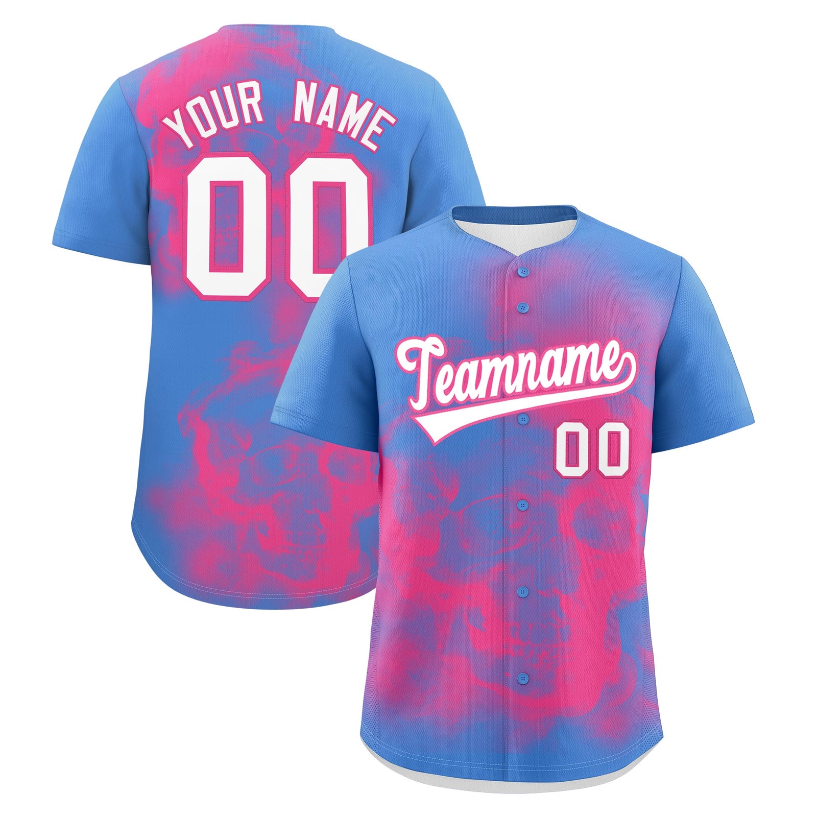 Custom Powder Blue Pink White skeleton Graffiti Pattern Quick Dry Baseball Jersey| KXKSHOP