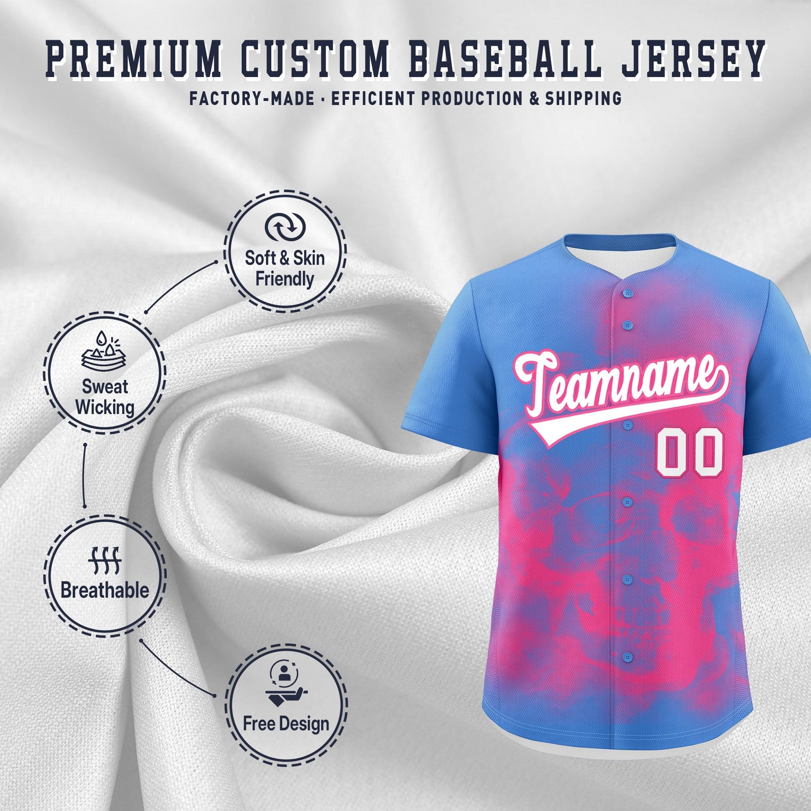 Custom Powder Blue Pink White skeleton Graffiti Pattern Quick Dry Baseball Jersey| KXKSHOP