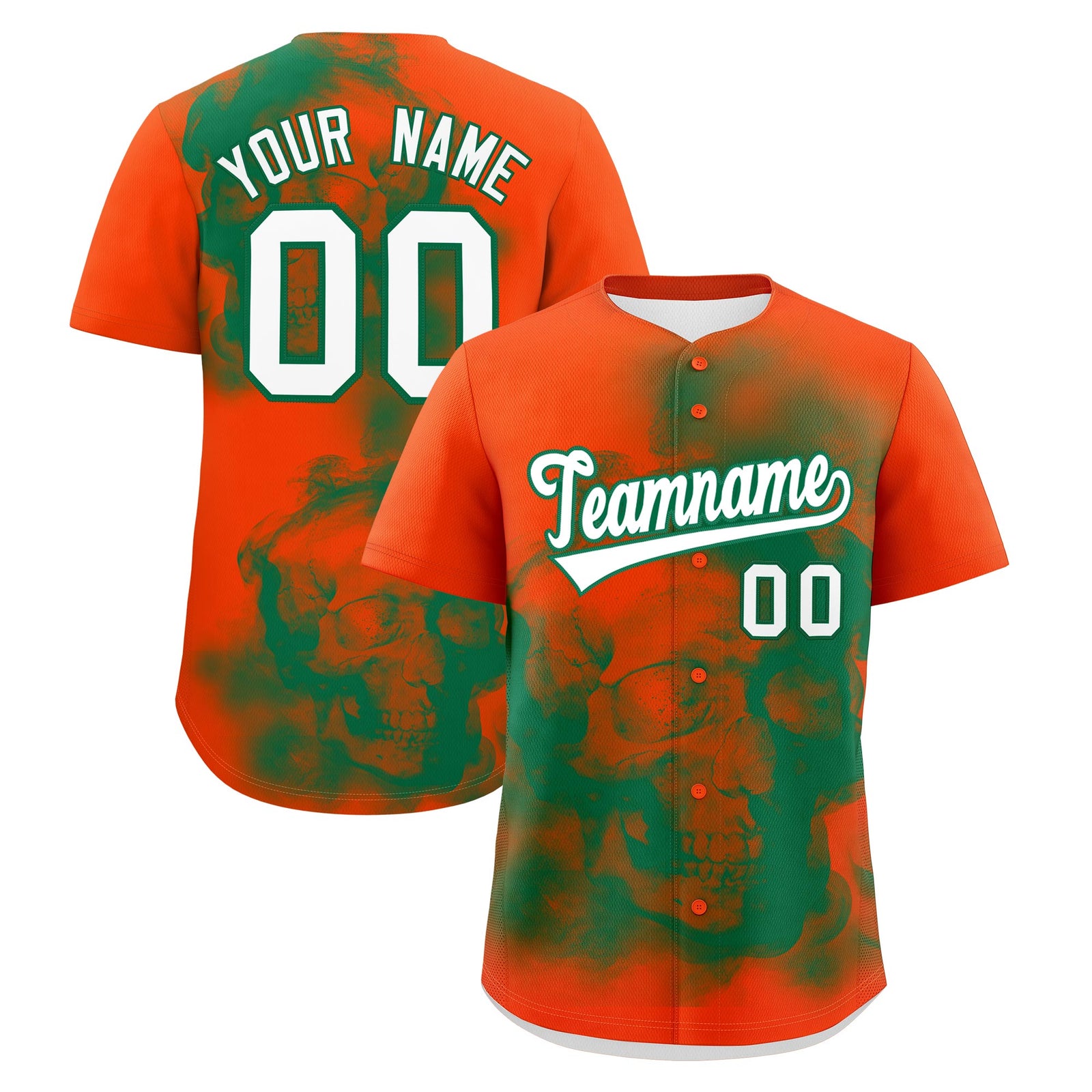 Custom Orange Kelly Green White skeleton Graffiti Pattern Quick Dry Baseball Jersey| KXKSHOP