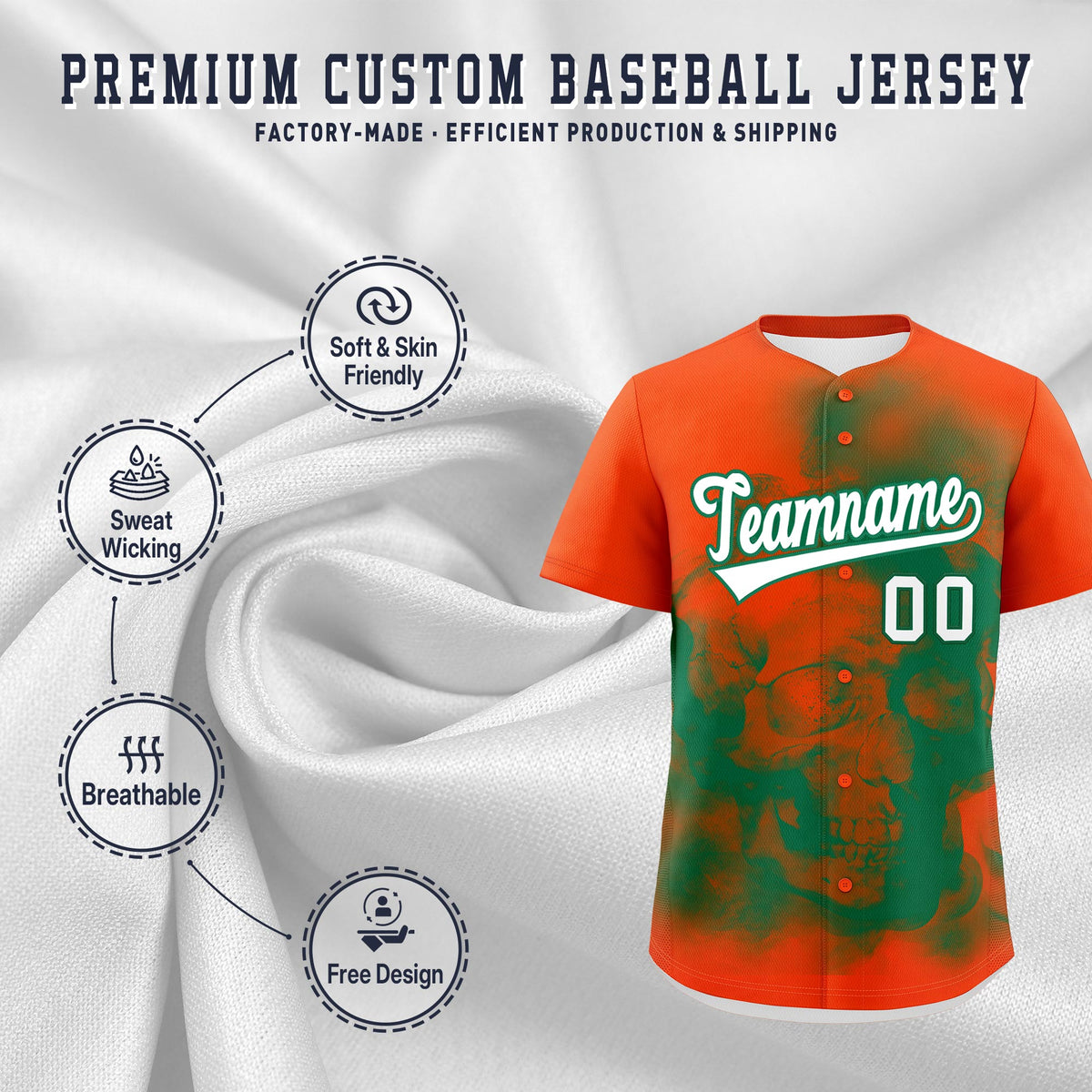 Custom Orange Kelly Green White skeleton Graffiti Pattern Quick Dry Baseball Jersey| KXKSHOP