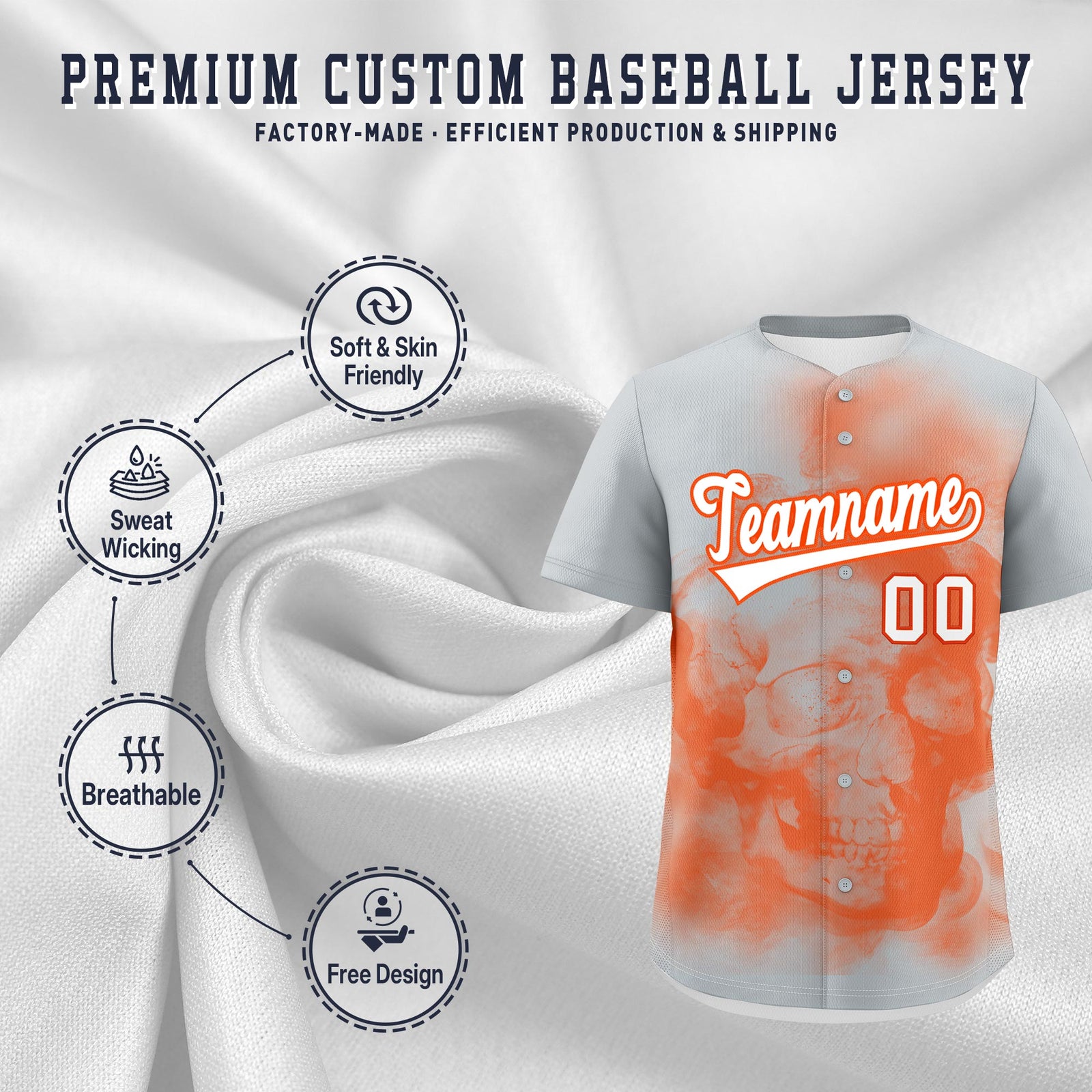 Custom Silver Orange White skeleton Graffiti Pattern Quick Dry Baseball Jersey| KXKSHOP