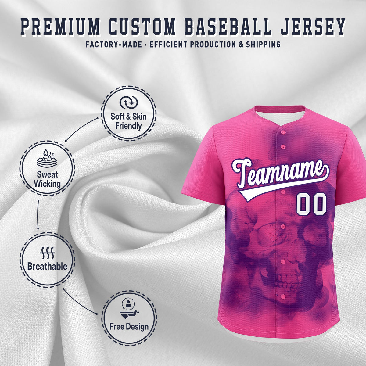 Custom Pink Purple White skeleton Graffiti Pattern Lightweight Baseball Jersey| KXKSHOP