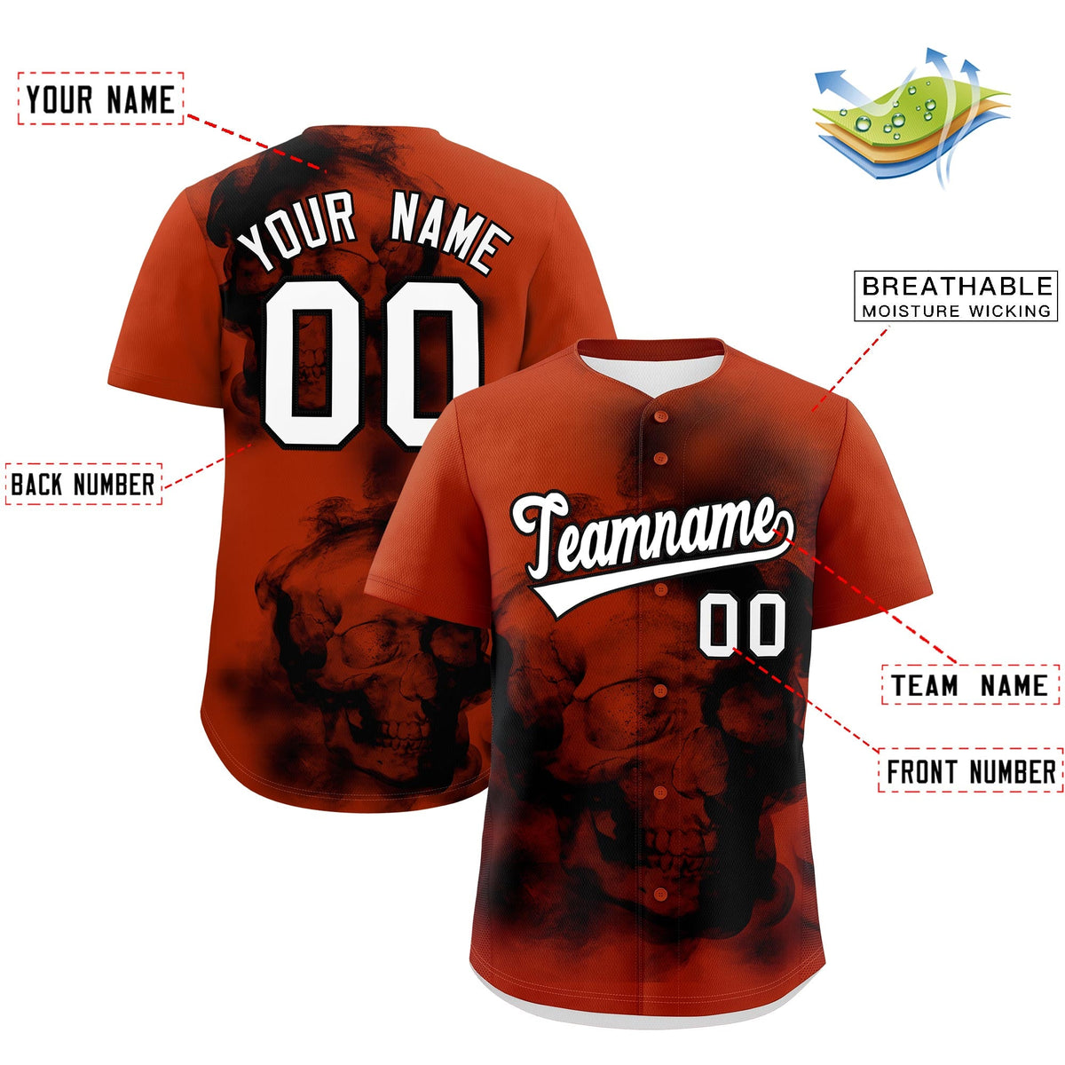 Custom Dark Orange Black White skeleton Graffiti Pattern Quick Dry Baseball Jersey| KXKSHOP