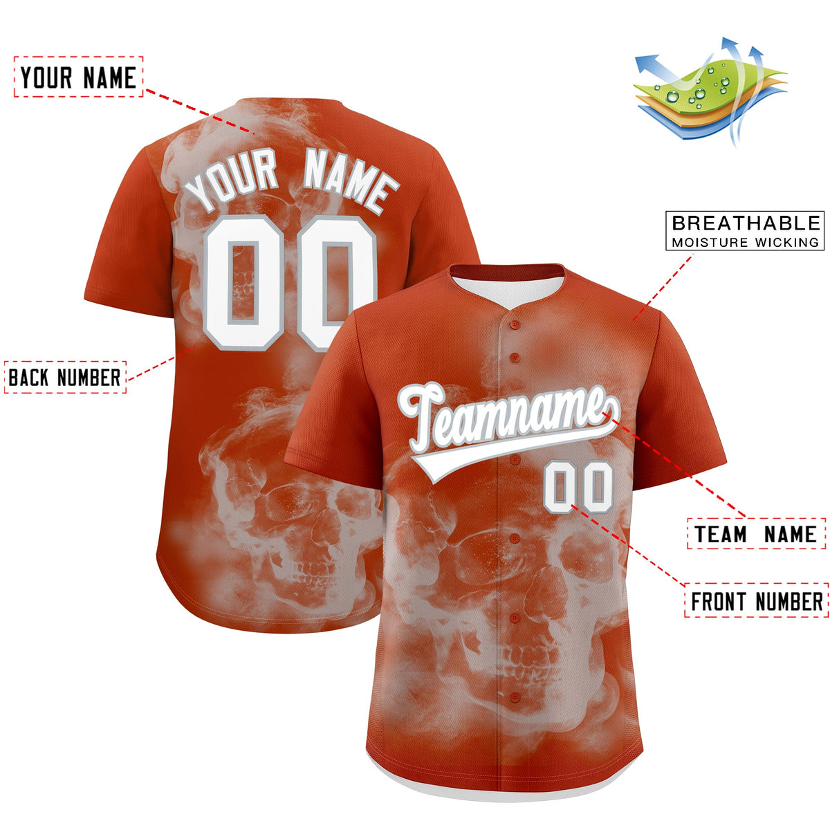 Custom Dark Orange Silver White skeleton Graffiti Pattern Lightweight Baseball Jersey| KXKSHOP