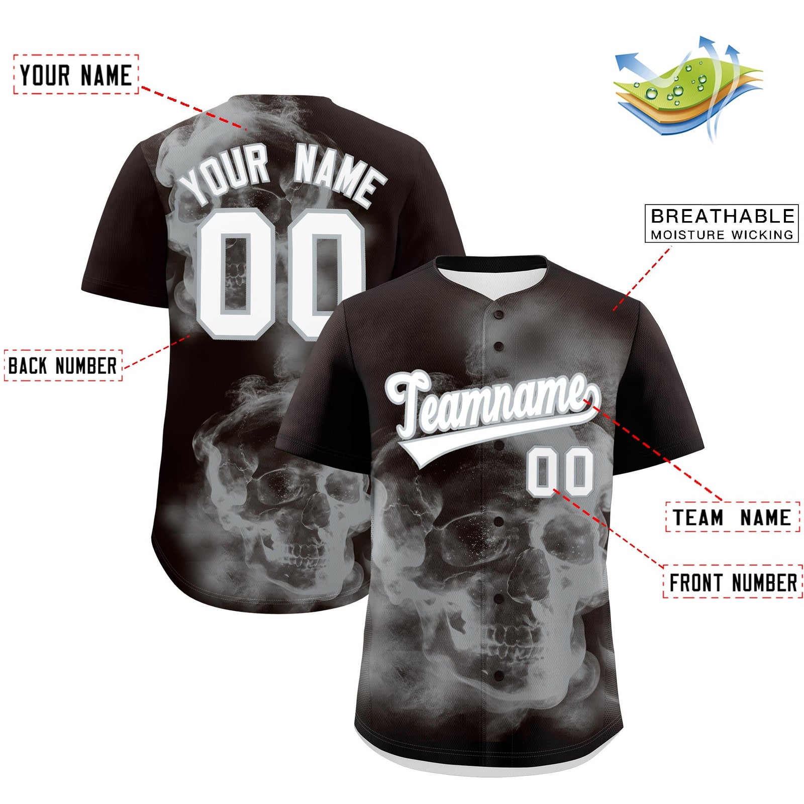 Custom Brown Silver White skeleton Graffiti Pattern Quick Dry Baseball Jersey| KXKSHOP