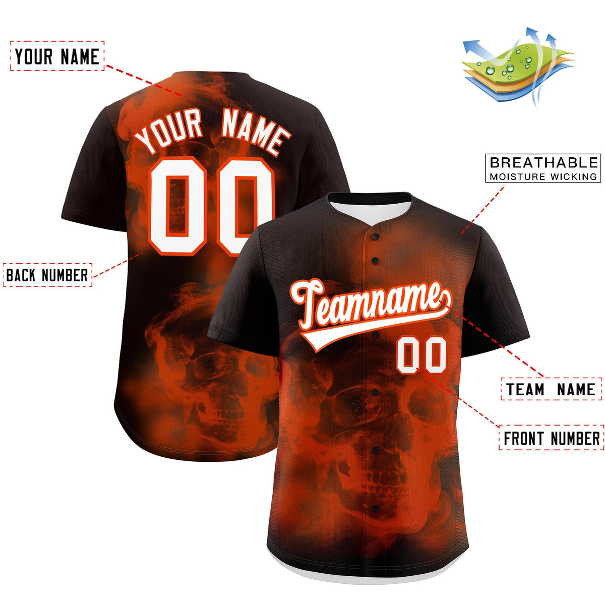 Custom Brown Orange White skeleton Graffiti Pattern Quick Dry Baseball Jersey| KXKSHOP