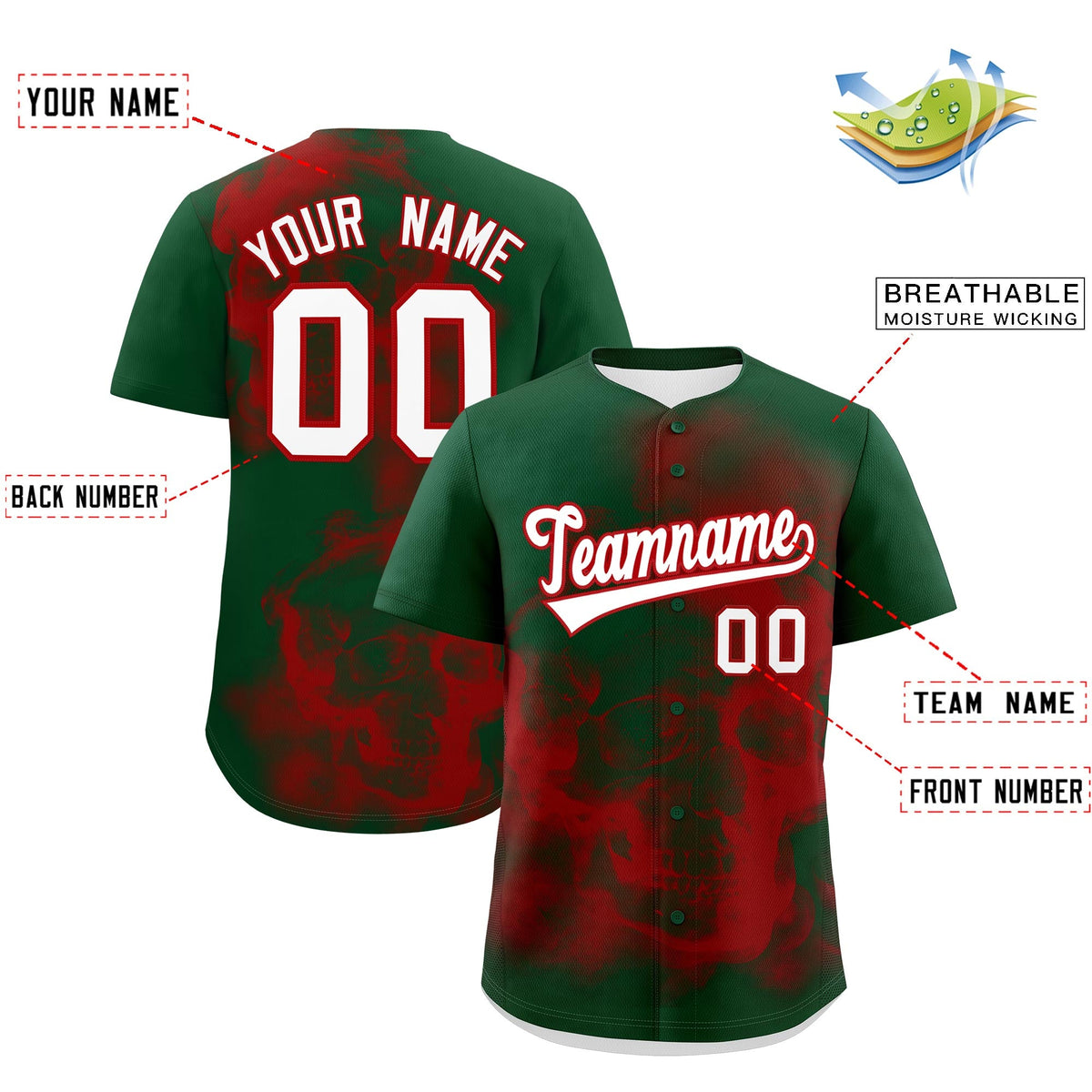 Custom Dark Green Red White skeleton Graffiti Pattern Lightweight Baseball Jersey| KXKSHOP