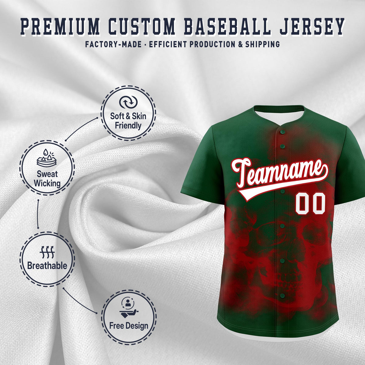 Custom Dark Green Red White skeleton Graffiti Pattern Lightweight Baseball Jersey| KXKSHOP