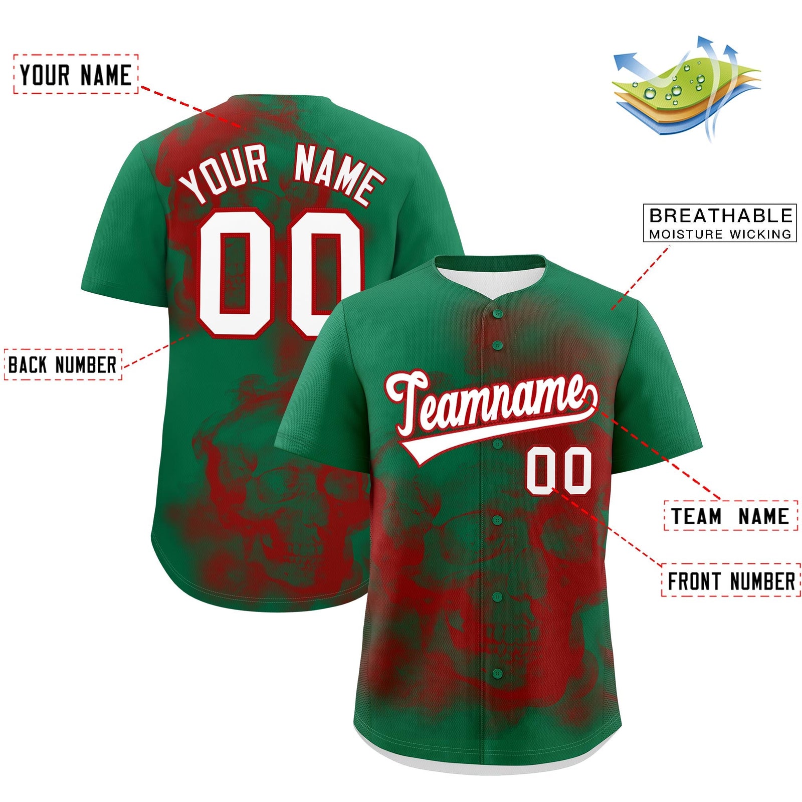 Custom Kelly Green Red White skeleton Graffiti Pattern Quick Dry Baseball Jersey| KXKSHOP