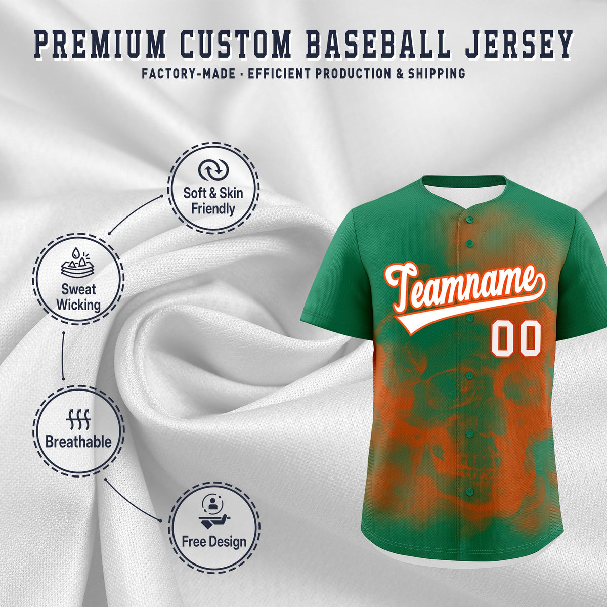 Custom Kelly Green Orange White skeleton Graffiti Pattern Lightweight Baseball Jersey| KXKSHOP