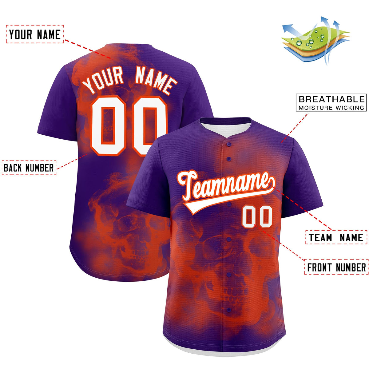 Custom Purple Orange White skeleton Graffiti Pattern Lightweight Baseball Jersey| KXKSHOP