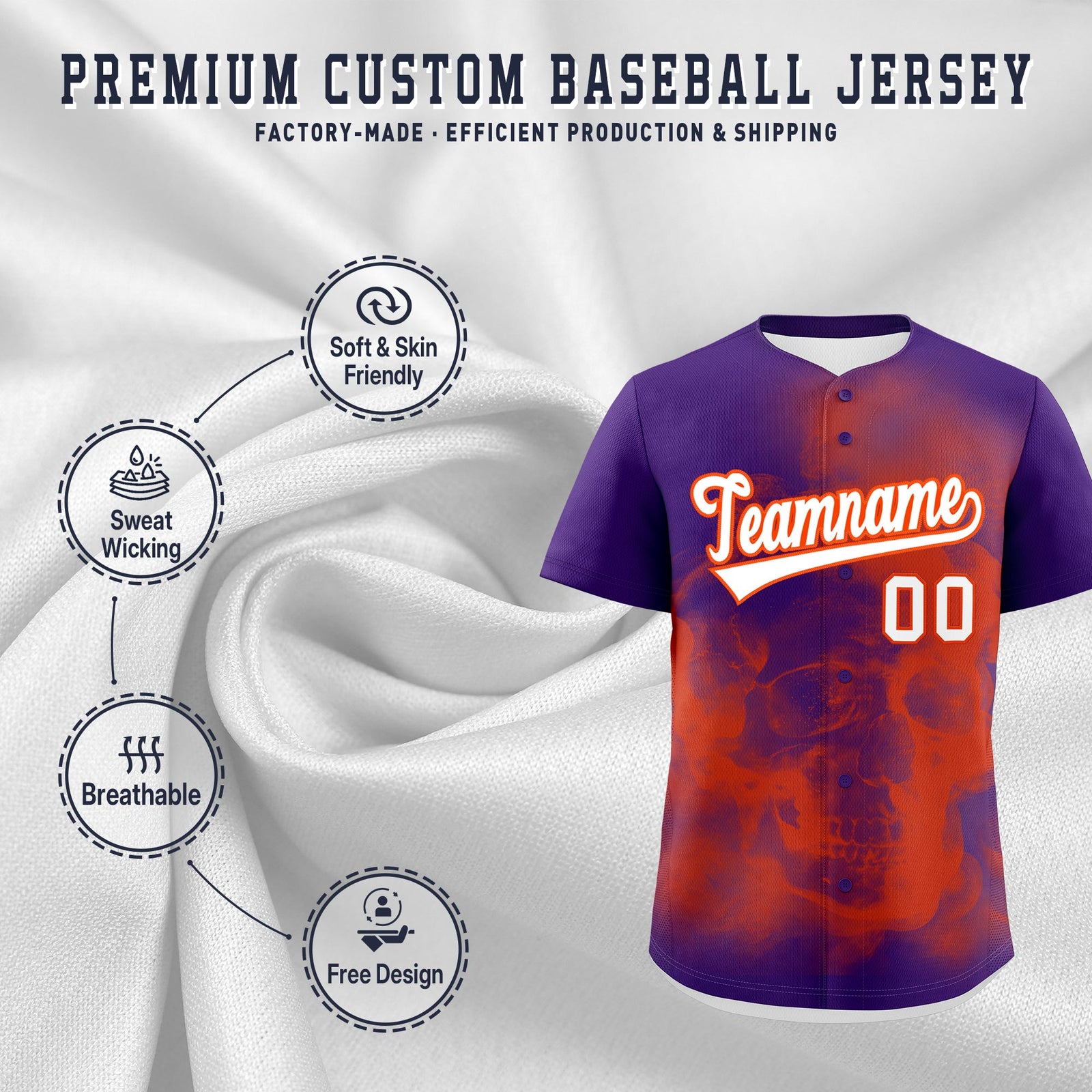 Custom Purple Orange White skeleton Graffiti Pattern Lightweight Baseball Jersey| KXKSHOP