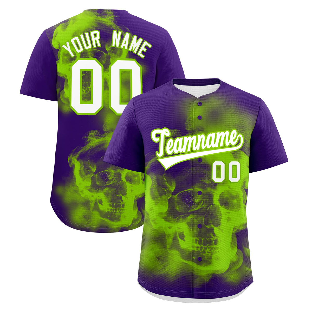 Custom Purple Neon Green White skeleton Graffiti Pattern Quick Dry Baseball Jersey| KXKSHOP