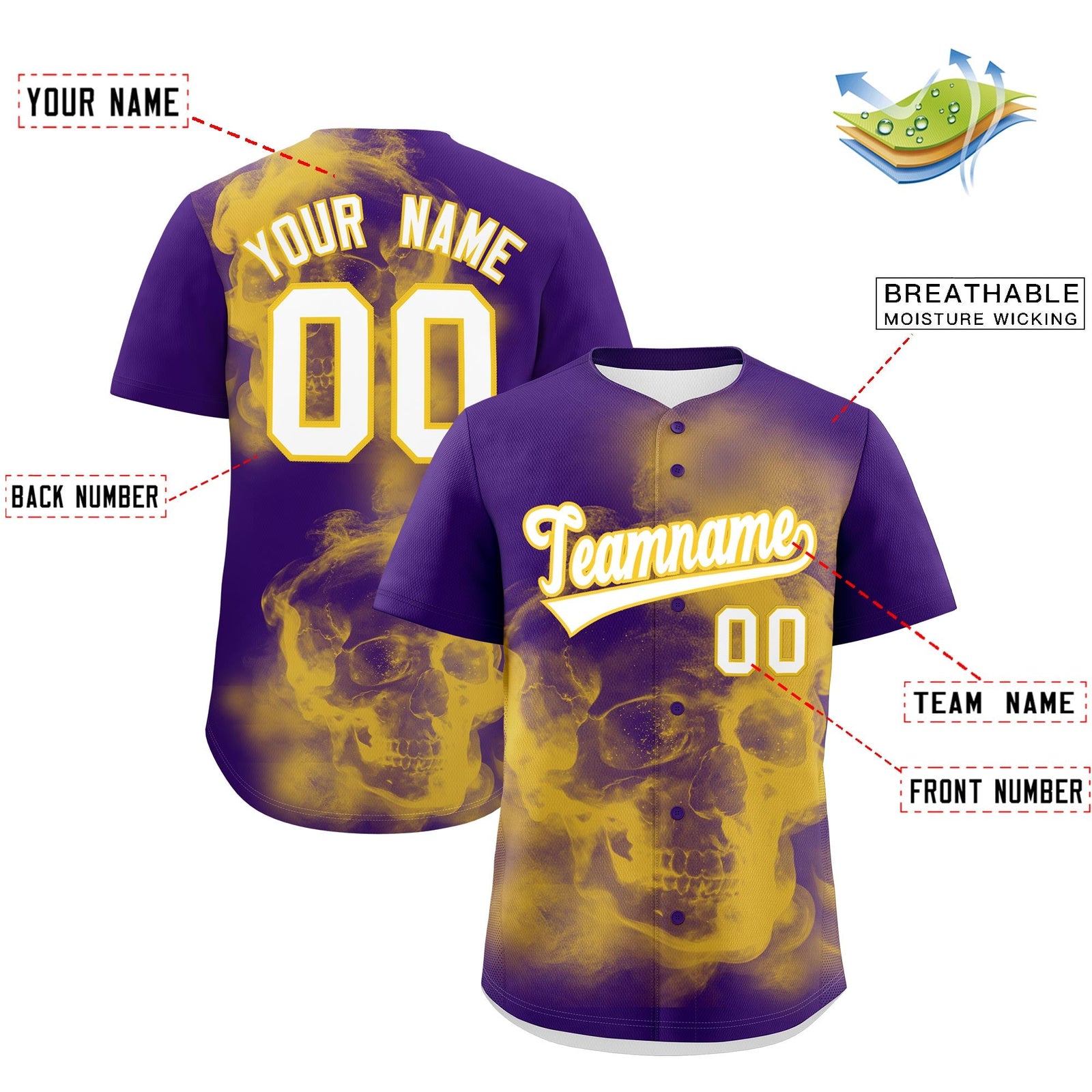 Custom Purple Gold White skeleton Graffiti Pattern Lightweight Baseball Jersey| KXKSHOP