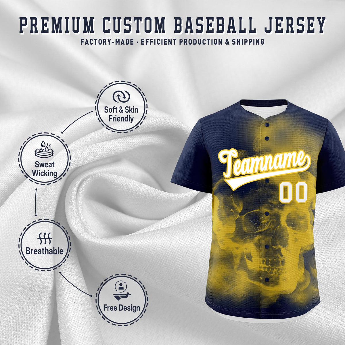 Custom Navy Gold White skeleton Graffiti Pattern Quick Dry Baseball Jersey| KXKSHOP