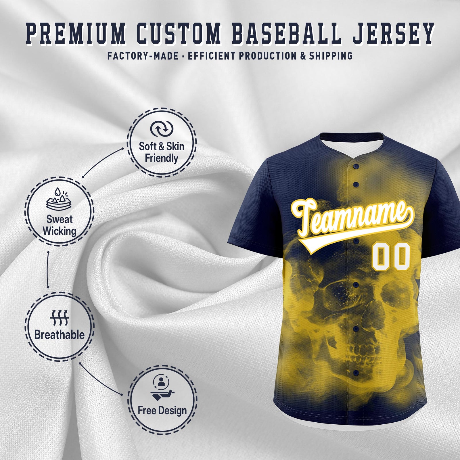 Custom Navy Gold White skeleton Graffiti Pattern Quick Dry Baseball Jersey| KXKSHOP