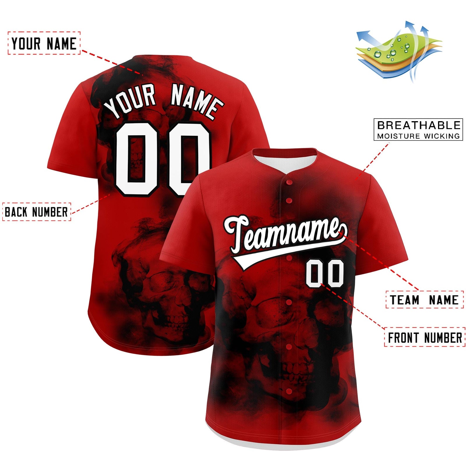 Custom Red Black White skeleton Graffiti Pattern Quick Dry Baseball Jersey| KXKSHOP