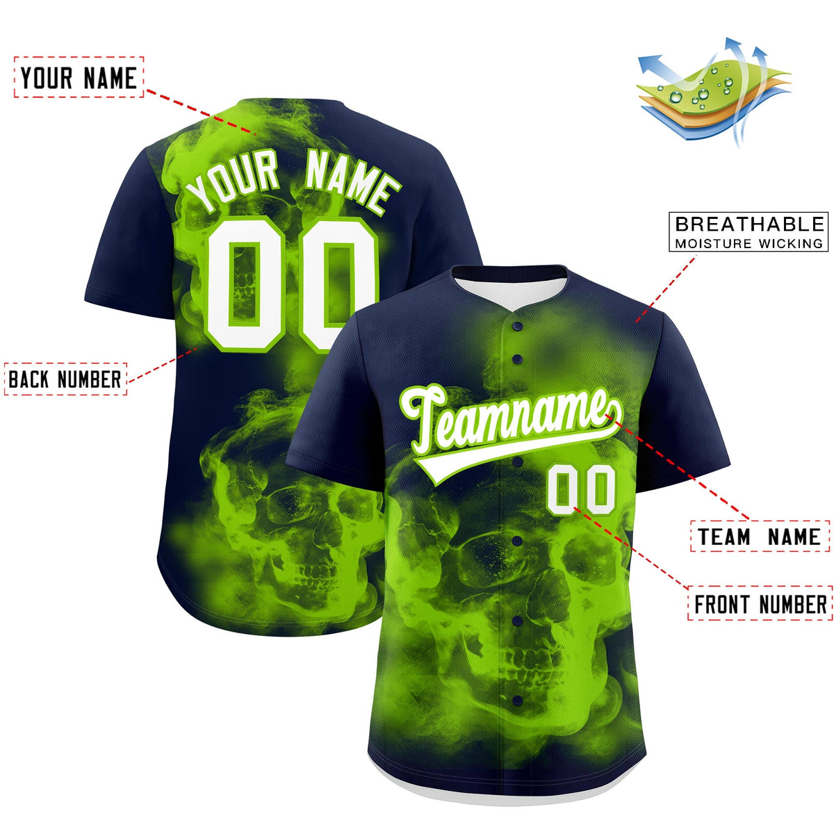 Custom Navy Neon Green White skeleton Graffiti Pattern Lightweight Baseball Jersey| KXKSHOP
