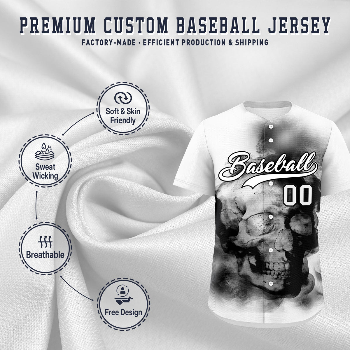 Custom White Black skeleton Graffiti Pattern Quick Dry Baseball Jersey| KXKSHOP