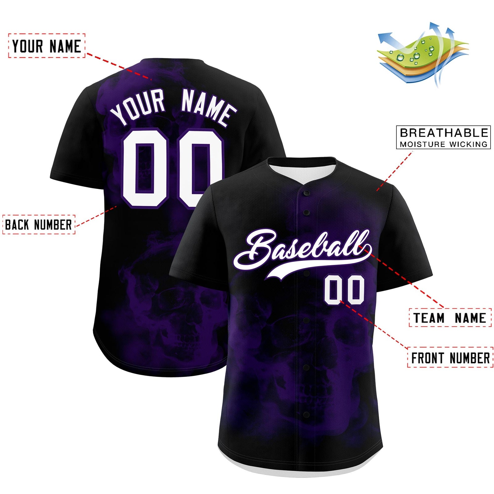 Custom Black Purple White skeleton Graffiti Pattern Quick Dry Baseball Jersey| KXKSHOP