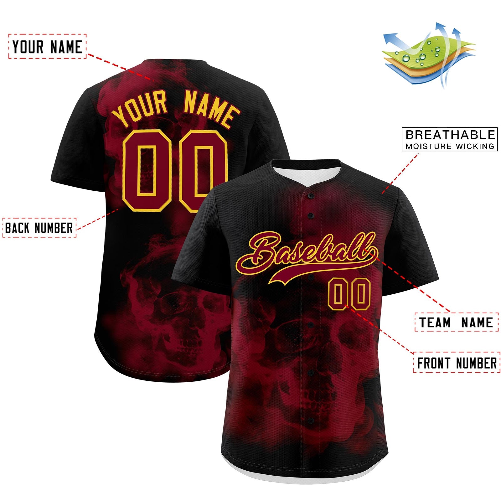 Custom Black Crimson Khaki skeleton Graffiti Pattern Quick Dry Baseball Jersey| KXKSHOP