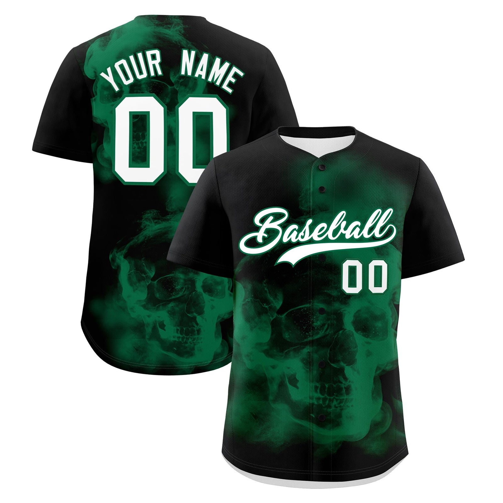 Custom Black Kelly Green White skeleton Graffiti Pattern Quick Dry Baseball Jersey| KXKSHOP