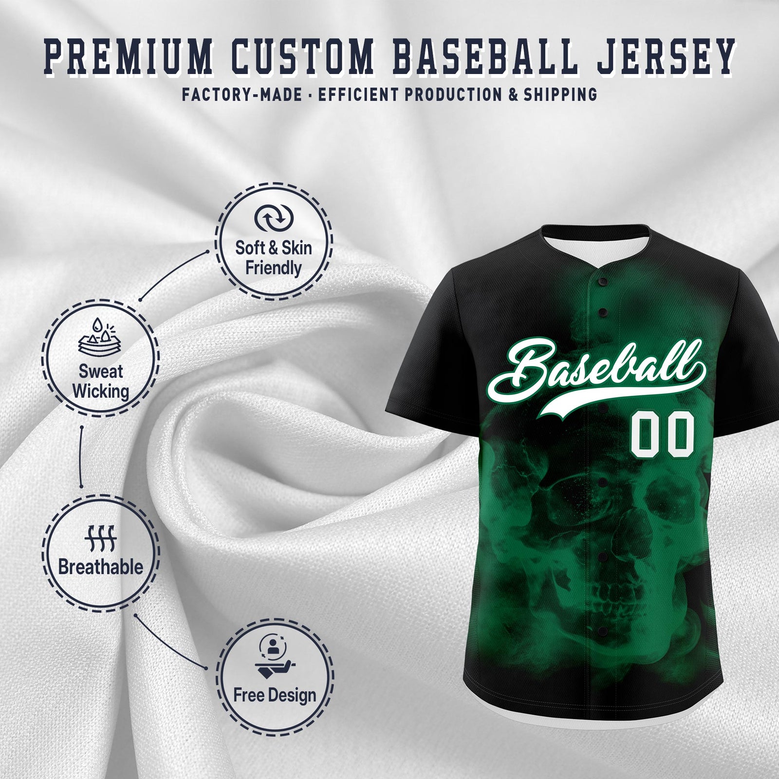 Custom Black Kelly Green White skeleton Graffiti Pattern Quick Dry Baseball Jersey| KXKSHOP