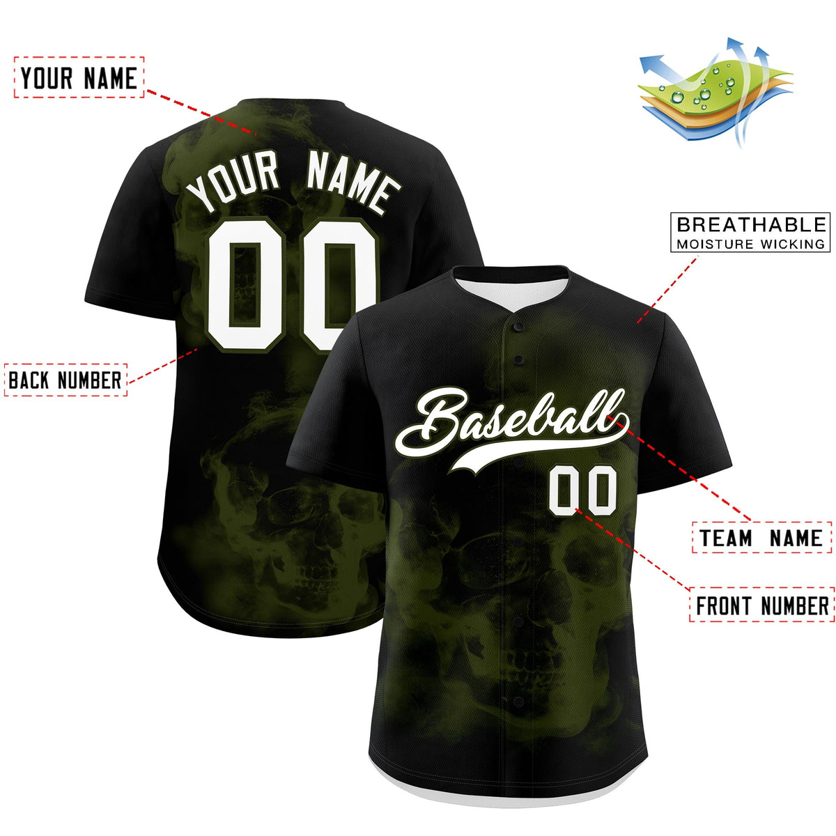 Custom Black Olive White skeleton Graffiti Pattern Lightweight Baseball Jersey| KXKSHOP