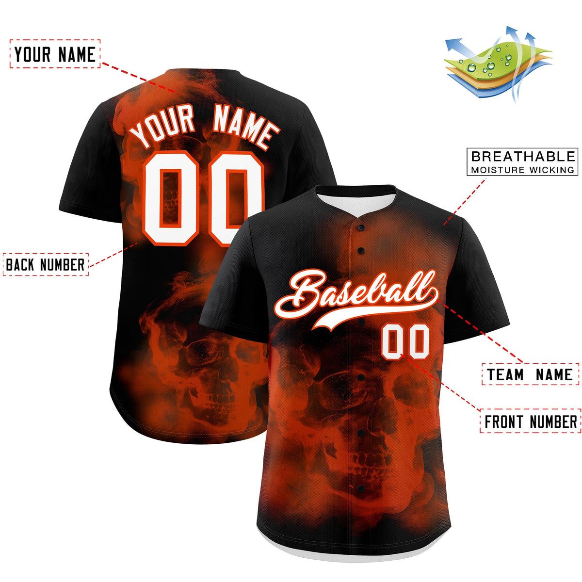 Custom Black Orange White skeleton Graffiti Pattern Quick Dry Baseball Jersey| KXKSHOP
