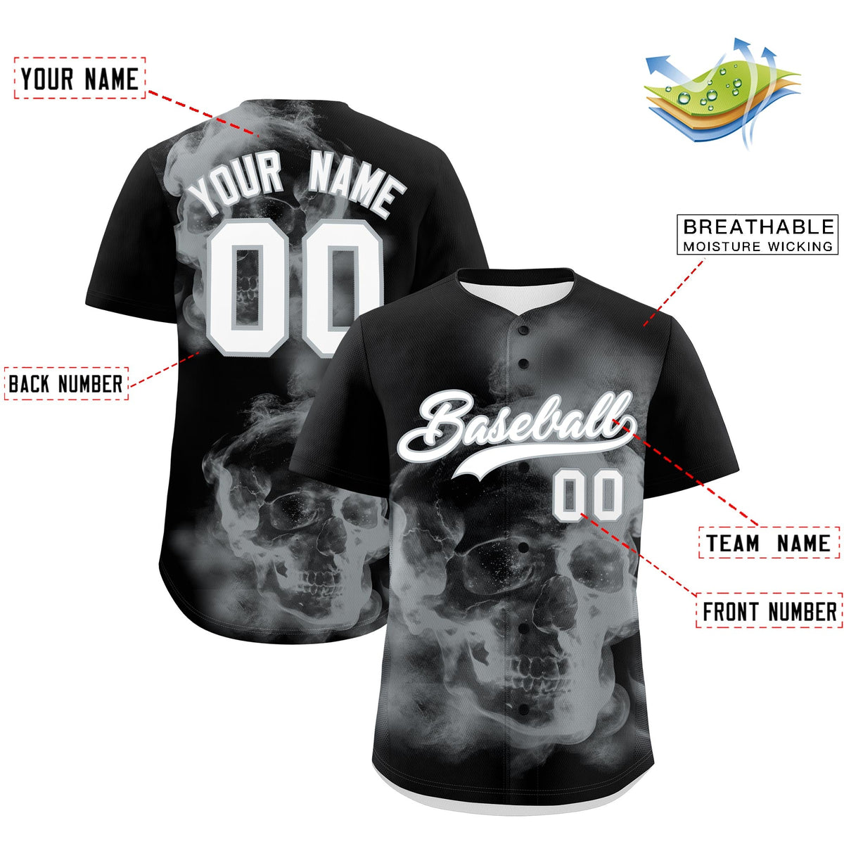 Custom Black Silver White skeleton Graffiti Pattern Lightweight Baseball Jersey| KXKSHOP