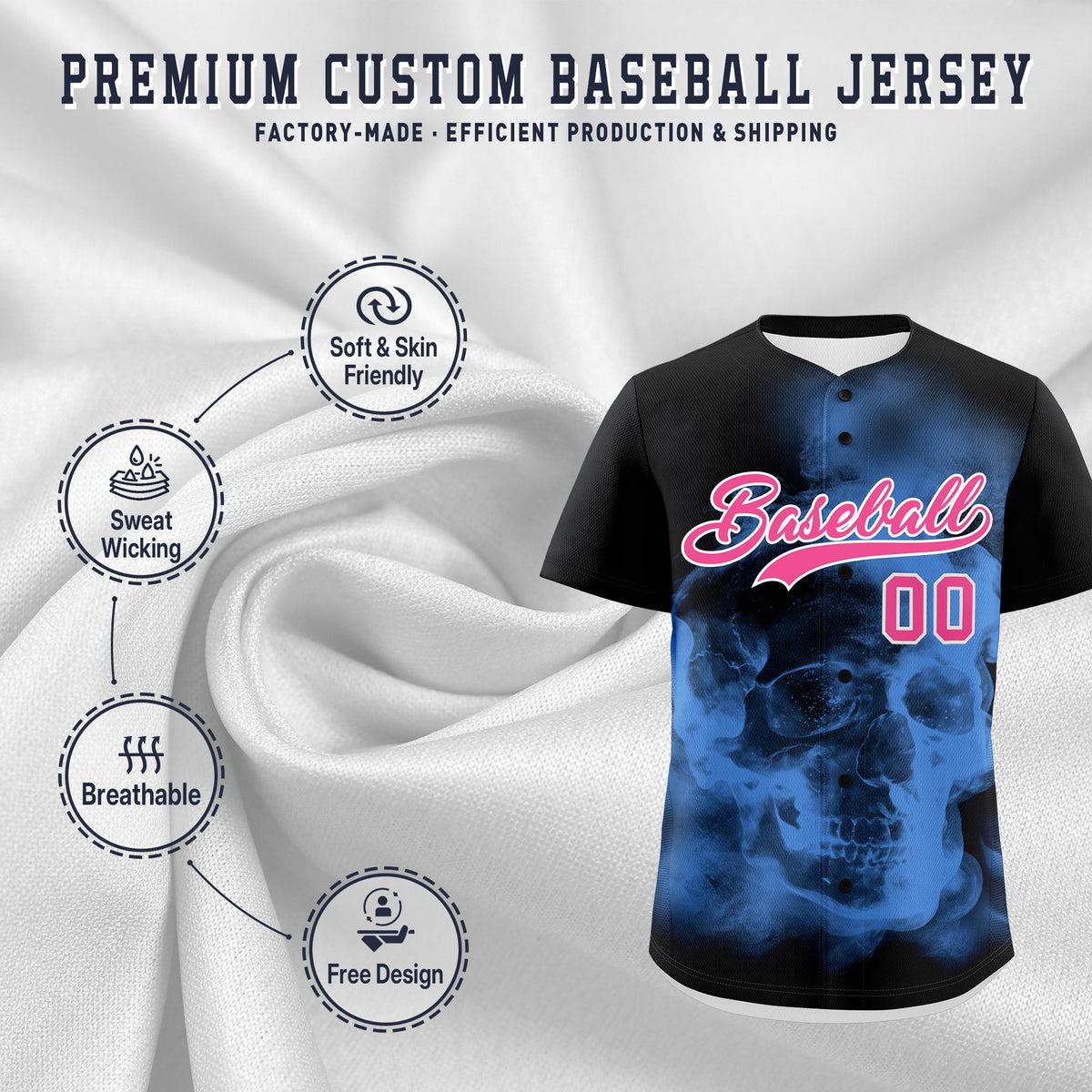 Custom Black Powder Blue Pink skeleton Graffiti Pattern Quick Dry Baseball Jersey| KXKSHOP