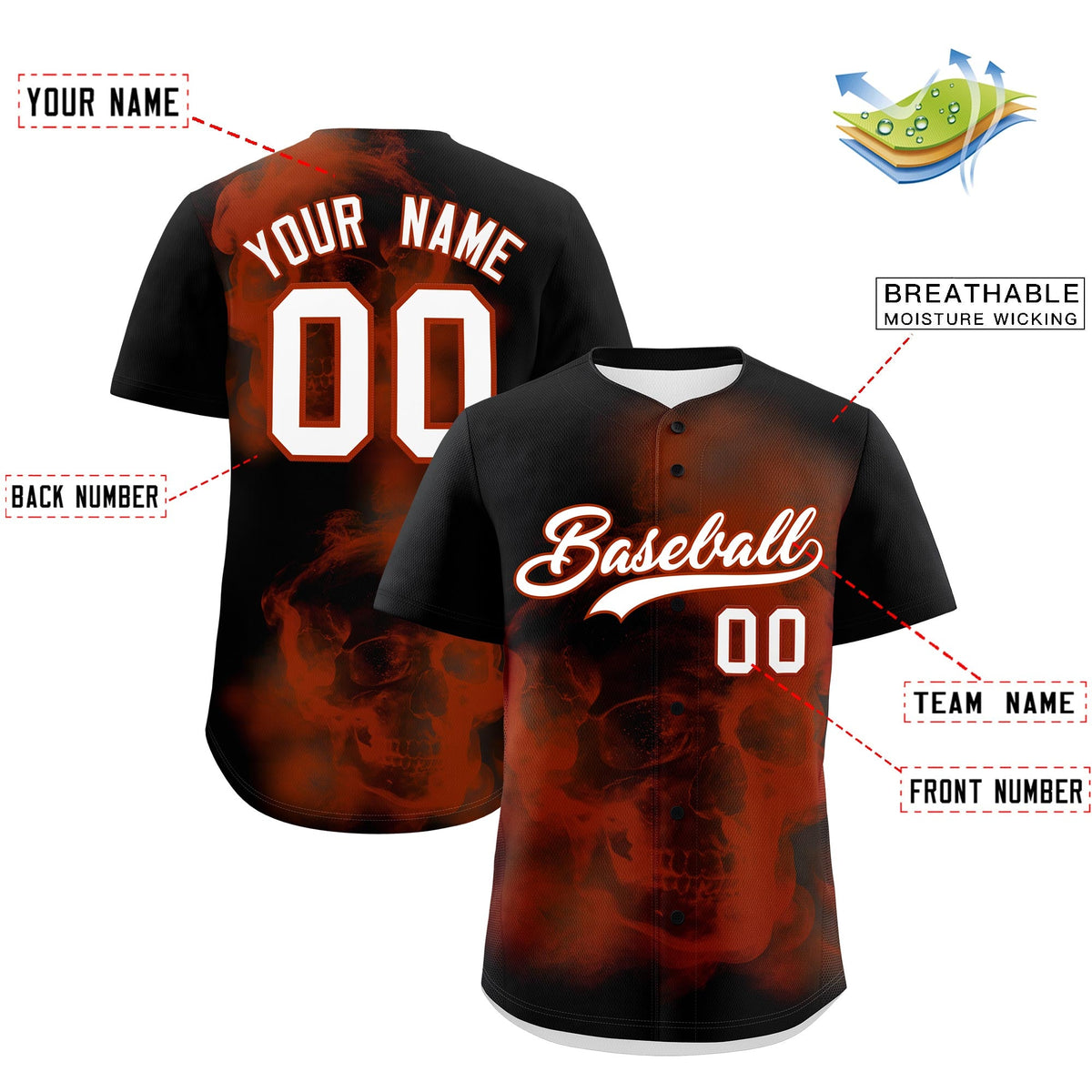 Custom Black Dark Orange White skeleton Graffiti Pattern Quick Dry Baseball Jersey| KXKSHOP