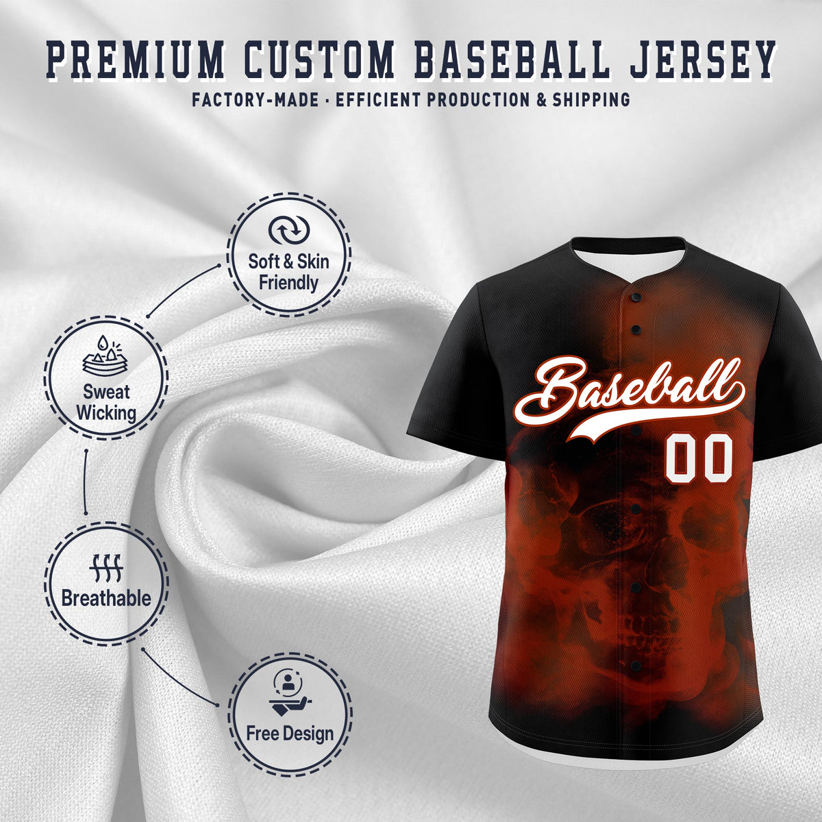 Custom Black Dark Orange White skeleton Graffiti Pattern Quick Dry Baseball Jersey| KXKSHOP