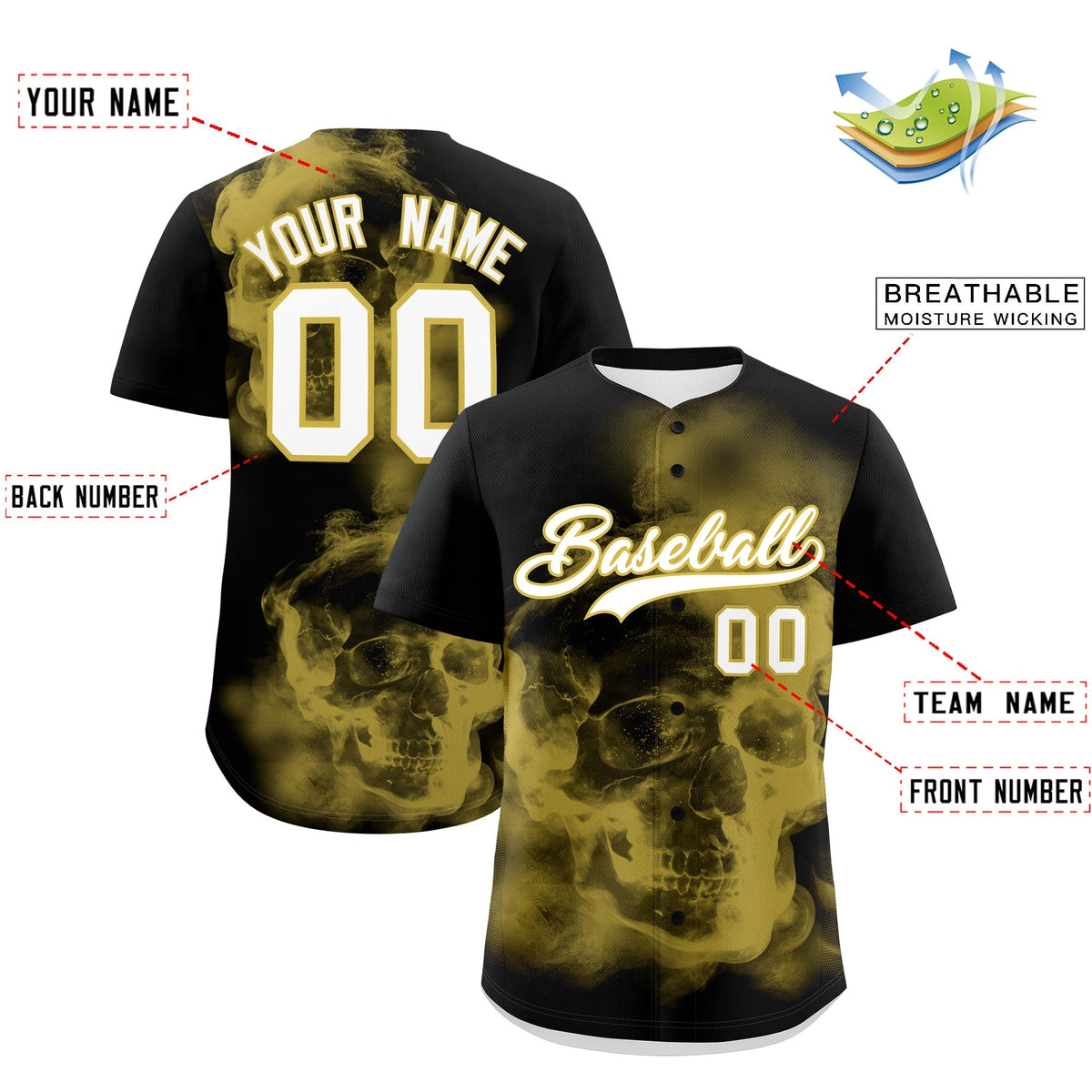Custom Black Old Gold White skeleton Graffiti Pattern Lightweight Baseball Jersey| KXKSHOP