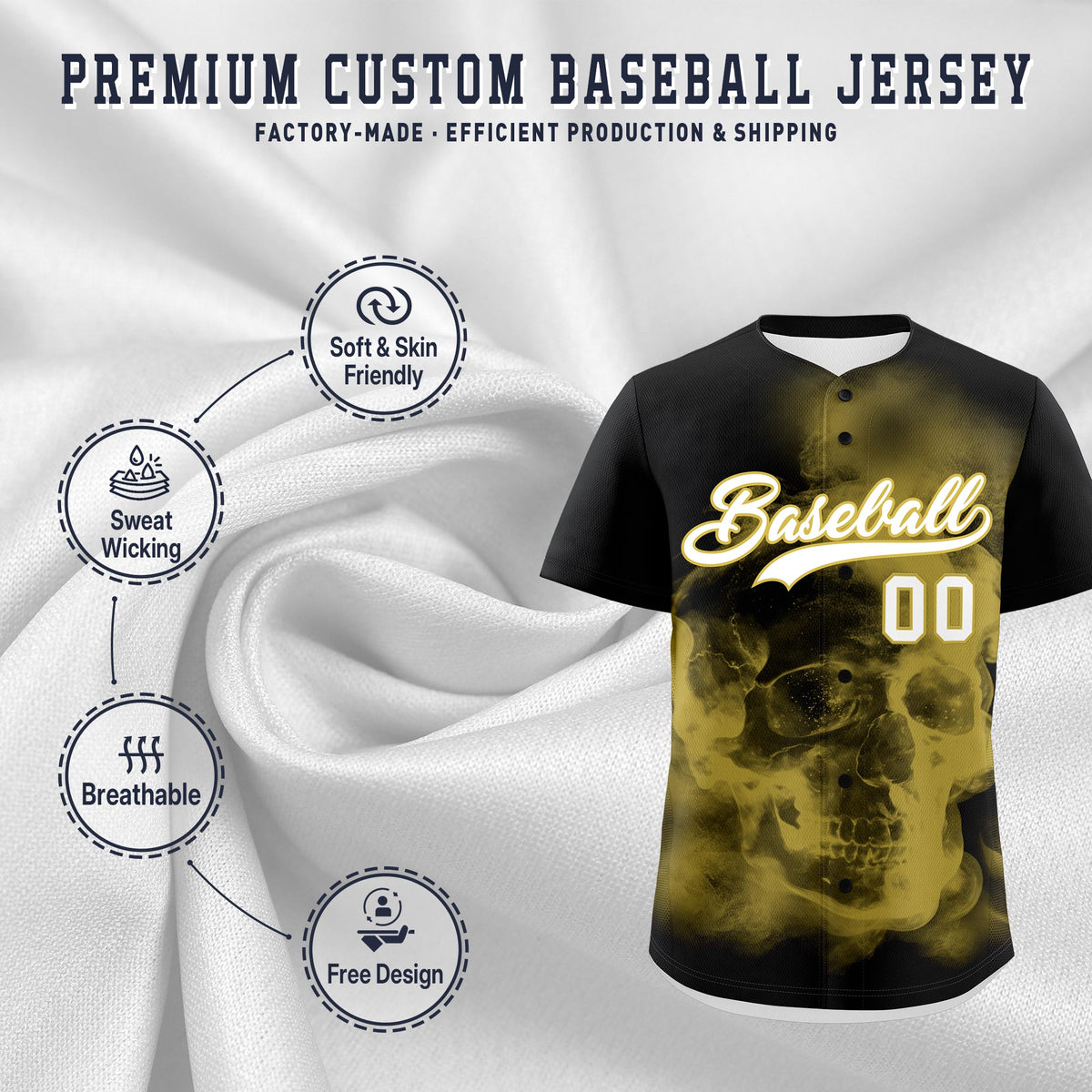 Custom Black Old Gold White skeleton Graffiti Pattern Lightweight Baseball Jersey| KXKSHOP