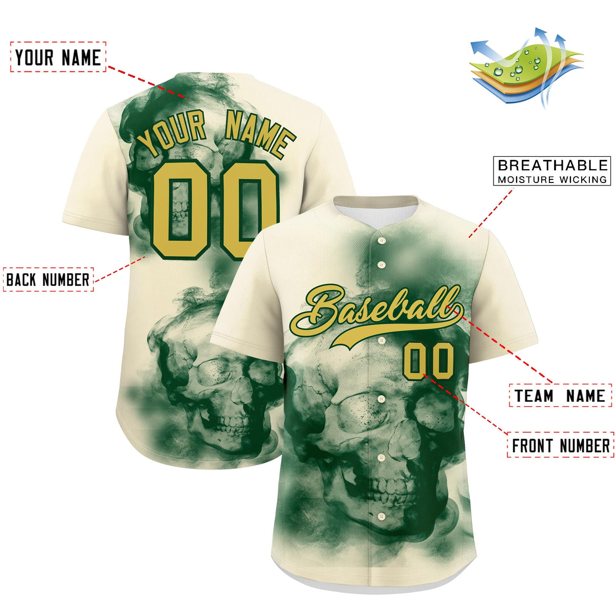 Custom Cream Dark Green Old Gold skeleton Graffiti Pattern Quick Dry Baseball Jersey| KXKSHOP