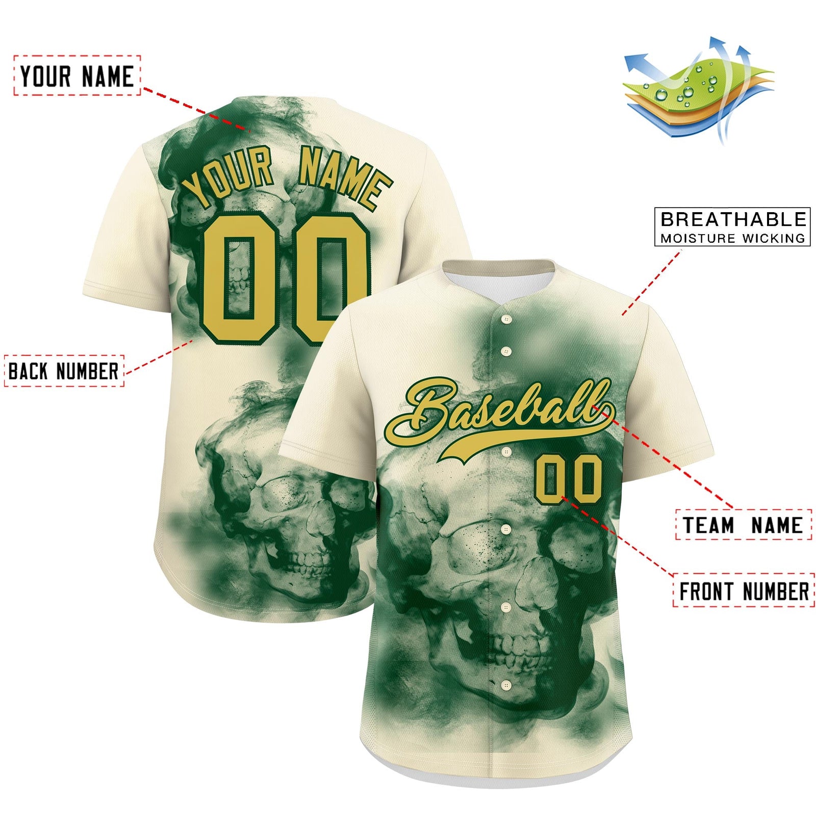 Custom Cream Dark Green Old Gold skeleton Graffiti Pattern Quick Dry Baseball Jersey| KXKSHOP