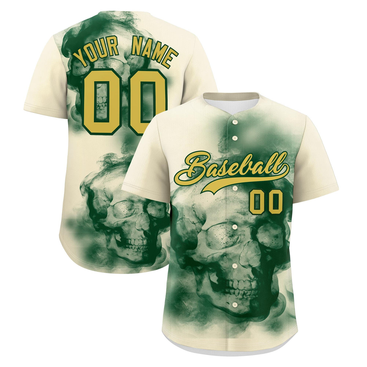 Custom Cream Dark Green Old Gold skeleton Graffiti Pattern Quick Dry Baseball Jersey| KXKSHOP